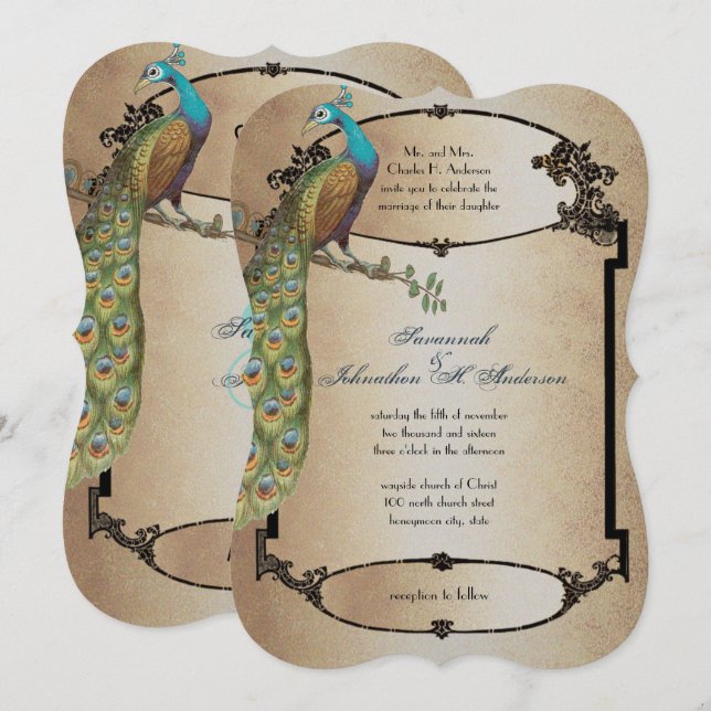 Invitation Gold Vintage Peacock Roaring 20s Déco Mariage (Devant / Derrière)