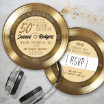 Invitation Gold Vinyl Record Retro Music 50e fête d'anniversa<br><div class="desc">Ce disque noir et or noir et amusant Retro Musique thème ronde forme 50ème anniversaire invitation avec titre de chanson accrocheuse "This Will Be One For The Record" et détails de typographie amusants, dispose d'une vibe d'enregistrement or massif double face ("Côté A / Côté B"), avec les détails de l'invitation...</div>
