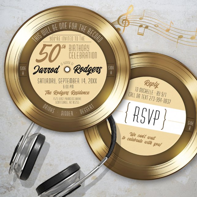 Invitation Gold Vinyl Record Retro Music 50e fête d'anniversa (Fun Elegant Unique gold vinyl record round music theme side A side B 50th birthday party invitation )