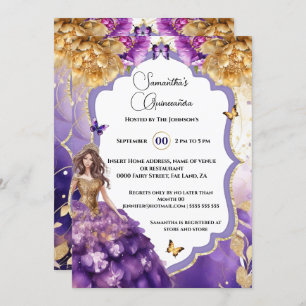 Invitation Gold violet 15ème Quinceañera fête des papillons d