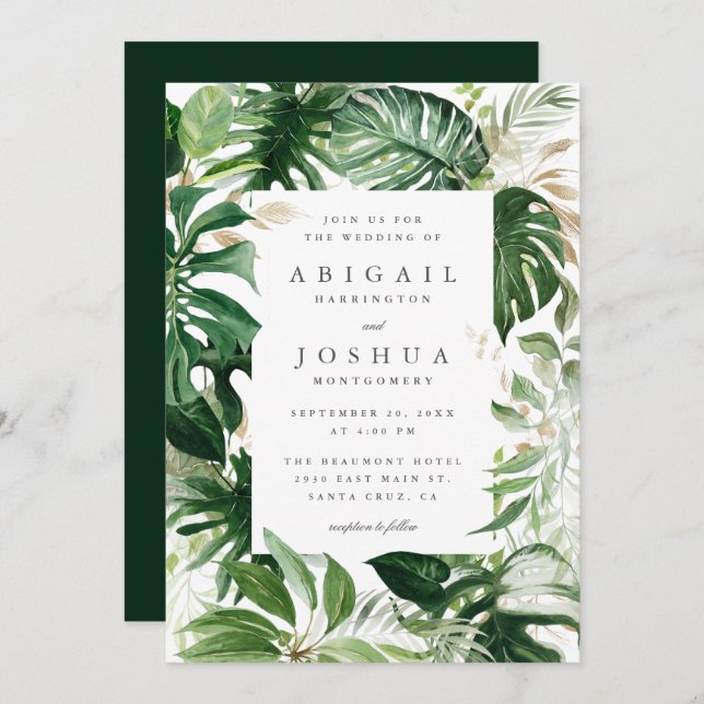 Invitation Gold & Watercolor Tropical Greenery Mariage (Devant / Derrière)