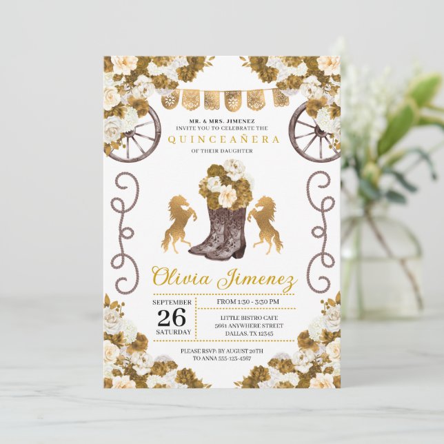 Invitation Gold Western Mariachi Charro Boots Quinceañera (Debout devant)