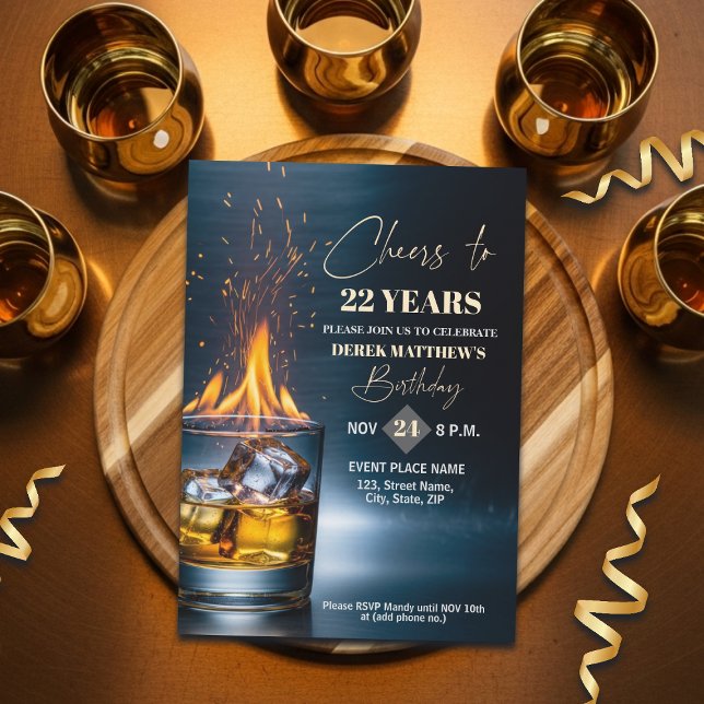 Invitation Gold Whiskey Theme Adult Men 22nd Birthday Party (Créateur téléchargé)