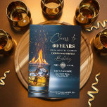 Invitation Gold Whiskey Theme Men 60th Birthday Party<br><div class="desc">A modern design featuring a gold whiskey glass with burning fire,  sparks and ice and elegant calligraphy on a dark blue background. Customize the details for a cool Birthday Celebration.</div>