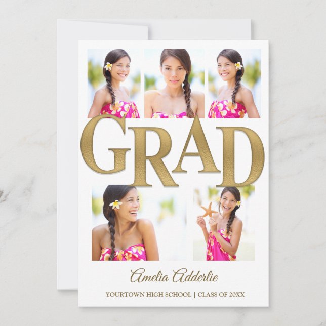 Invitation Gold White 5 Photo Grad Party (Devant)
