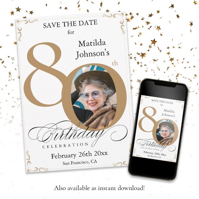 Invitation Gold White 80e anniversaire Enregistrer la date (80th Birthday Gold White Save The Date Custom Invitation)