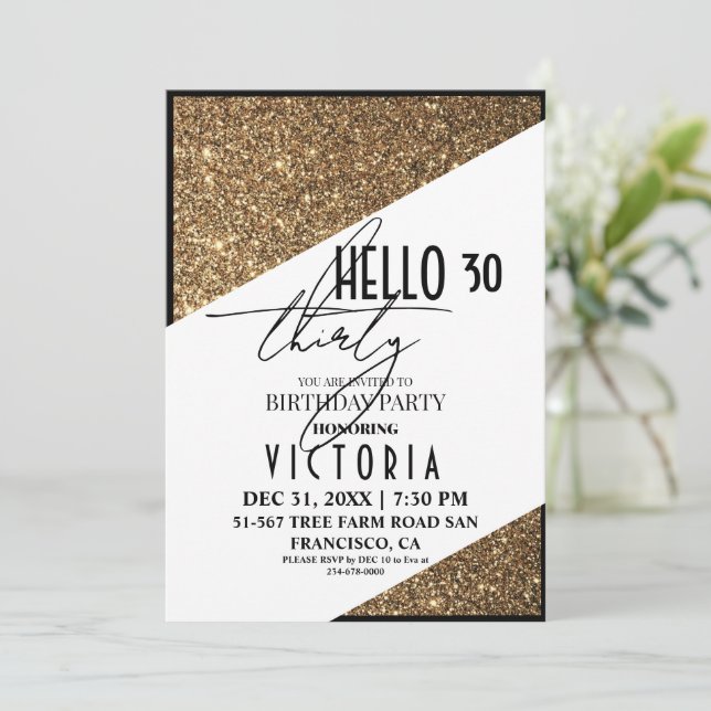 Invitation Gold White Black Sparkings fête d'anniversaire (Debout devant)