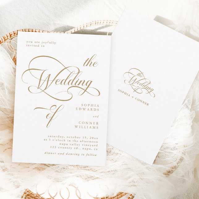 Invitation Gold & White Elegant Classy Calligraphy Mariage (Front & Back)