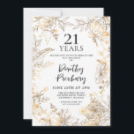 Invitation Gold White Floral 21e anniversaire de fête Invitat<br><div class="desc">Des roses et des feuilles élégants de la ligne d'or entourent les détails de votre 21e anniversaire.</div>