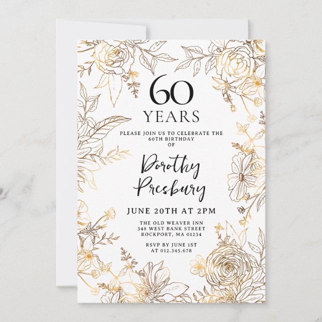 Invitation Gold White Floral 60e anniversaire de fête Invitat (Devant)