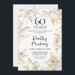 Invitation Gold White Floral 60e anniversaire de fête Invitat<br><div class="desc">Des roses et des feuilles élégants de la ligne d'or entourent les détails de votre 60e anniversaire.</div>