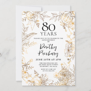 Invitation Gold White Floral 80e fête d'anniversaire