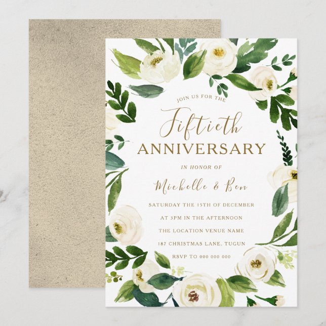 Invitation Gold White Floral Wreath 50e anniversaire Mariage (Devant / Derrière)