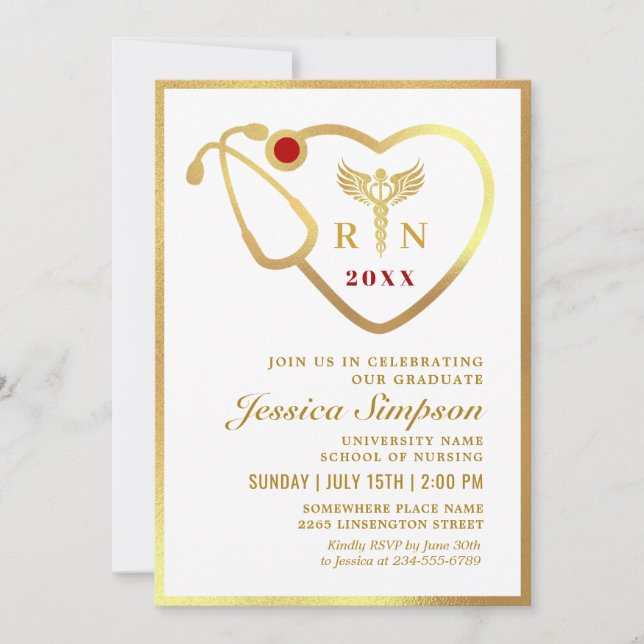 Invitation Gold White Modern Nursing School Graduation Party (Devant)