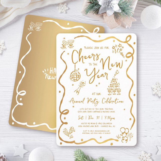Invitation Gold White New Year Cheer Hand Drawn Sketch Party (Créateur téléchargé)