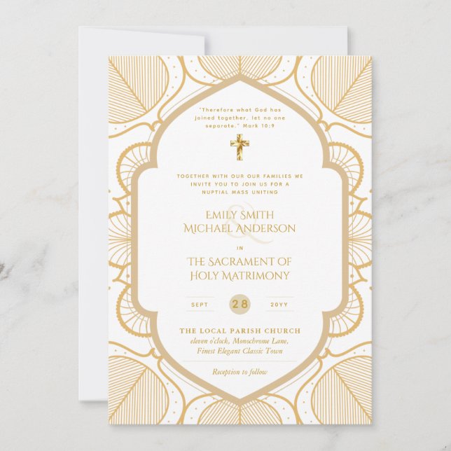 Invitation Gold White Ornate catholique Mariage de messe (Devant)