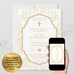 Invitation Gold White Ornate catholique Mariage de messe