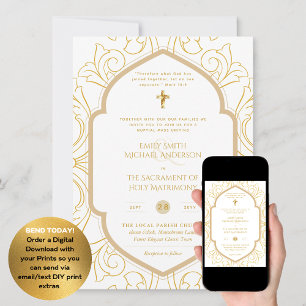 Invitation Gold White Ornate catholique Mariage de messe