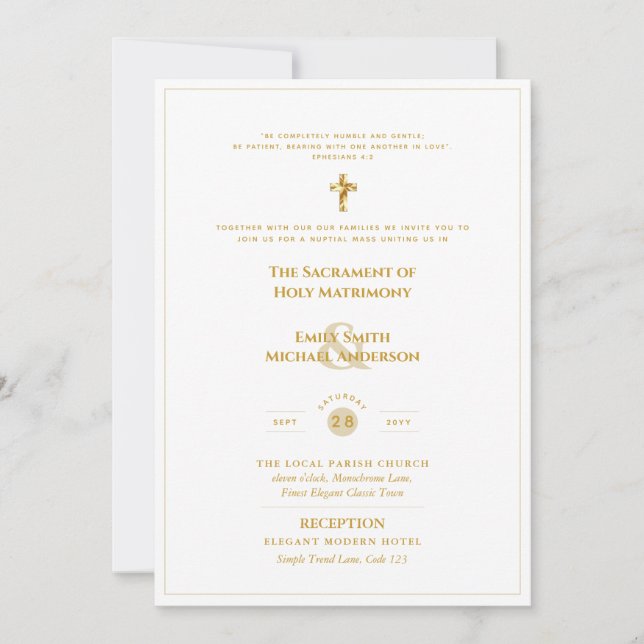 Invitation Gold White Ornate catholique Mariage de messe (Devant)