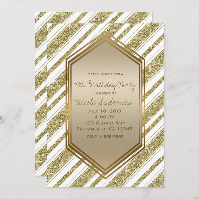 Invitation Gold White Parties scintillant Stripes Anniversair (Devant / Derrière)
