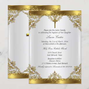 Invitation Gold White Pearl Damask Cross Baptism Christening