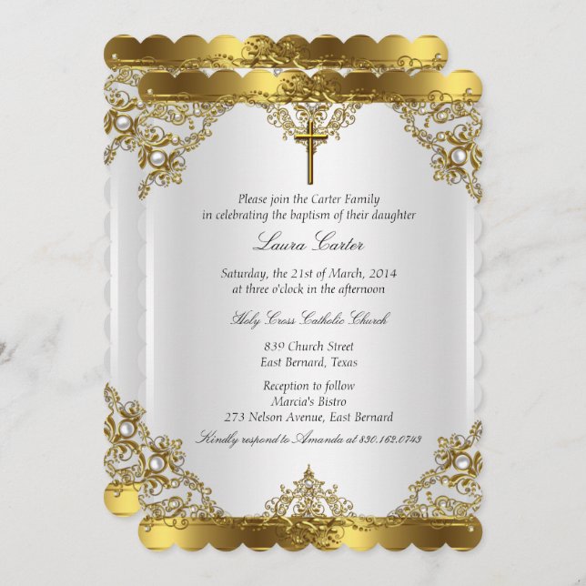 Invitation Gold White Pearl Damask Cross Baptism Christening (Devant / Derrière)