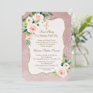 Invitation Gold White Rose Floral Première Communion sainte