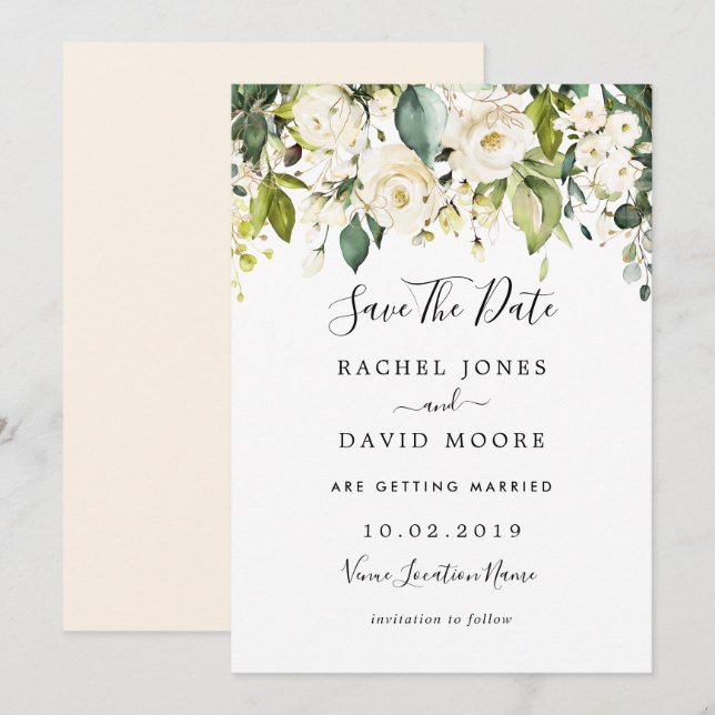 Invitation Gold White Rose Wedding Enregistrer La Date (Devant / Derrière)
