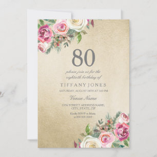 Invitation Gold White Roses femmes 80e anniversaire Invitatio