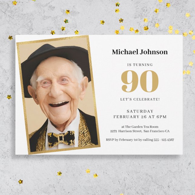 Invitation Gold White Simple Photo 90th Birthday Party (Mockup View)