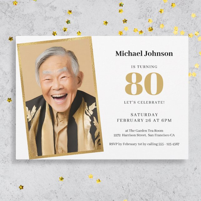 Invitation Gold White Simple Photo personnalisée 80e annivers (Mockup View)