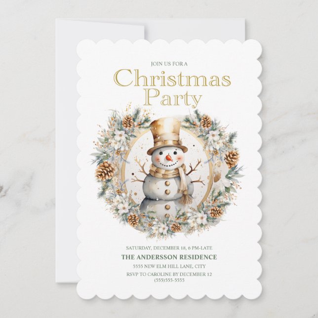 Invitation Gold White Snowman Green Party de Noël (Devant)