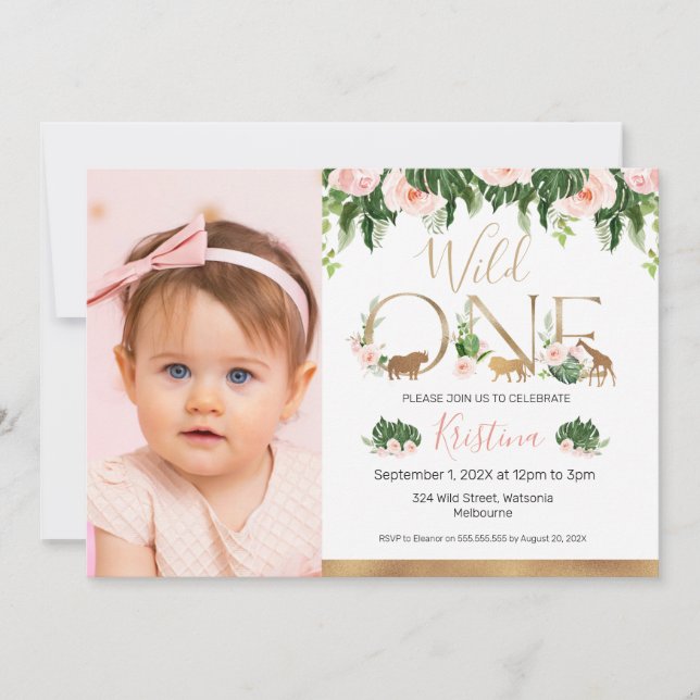 Invitation Gold Wild One Floral Safari photo d'anniversaire (Devant)