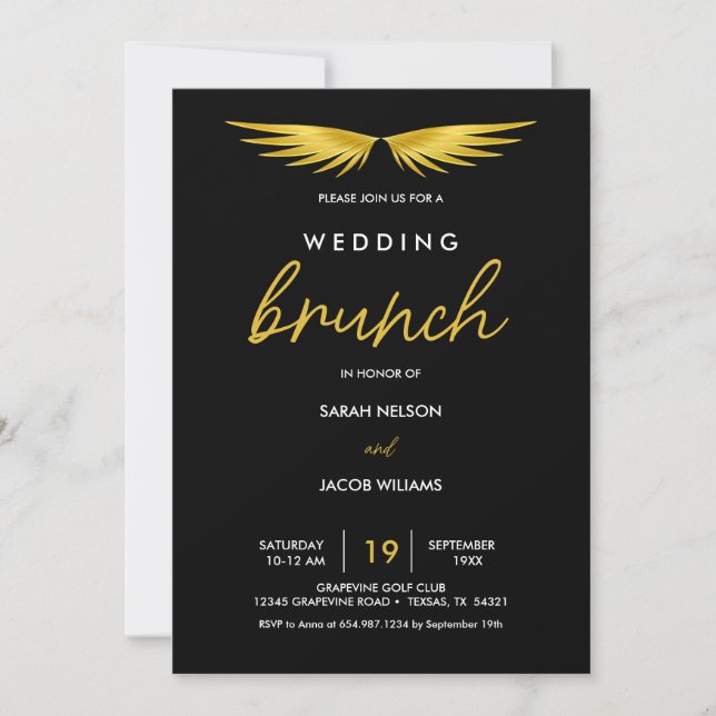 Invitation Gold Wings, Black Post Mariage Brunch (Devant)