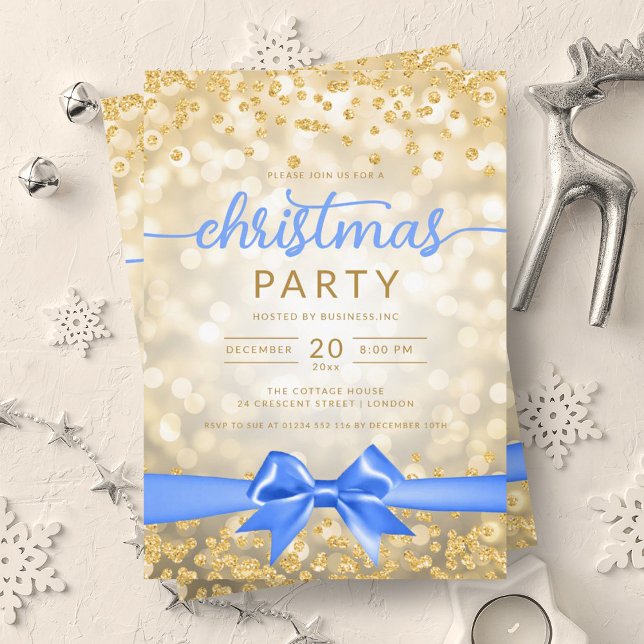 Invitation Gold Winter Glam Company Xmas Blue Ribbon (Gold Winter Glam Company Xmas Blue Ribbon Invitation)
