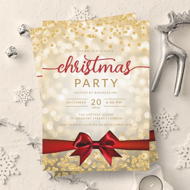 Invitation Gold Winter Glam Company Xmas Red Ribbon (Gold Winter Glam Company Xmas Red Ribbon Invitation)