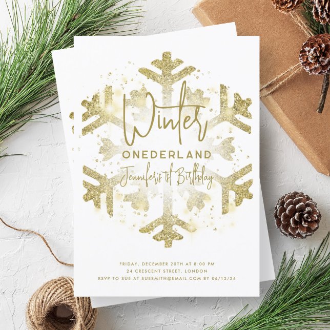 Invitation Gold Winter ONEDERLAND 1er anniversaire FAUX Parti (Gold Winter ONEDERLAND 1st Birthday FAUX Glitter Invitation)
