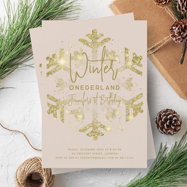 Invitation Gold Winter ONEDERLAND 1er anniversaire Parties sc (Gold Winter ONEDERLAND 1st Birthday Glitter Beige Invitation)