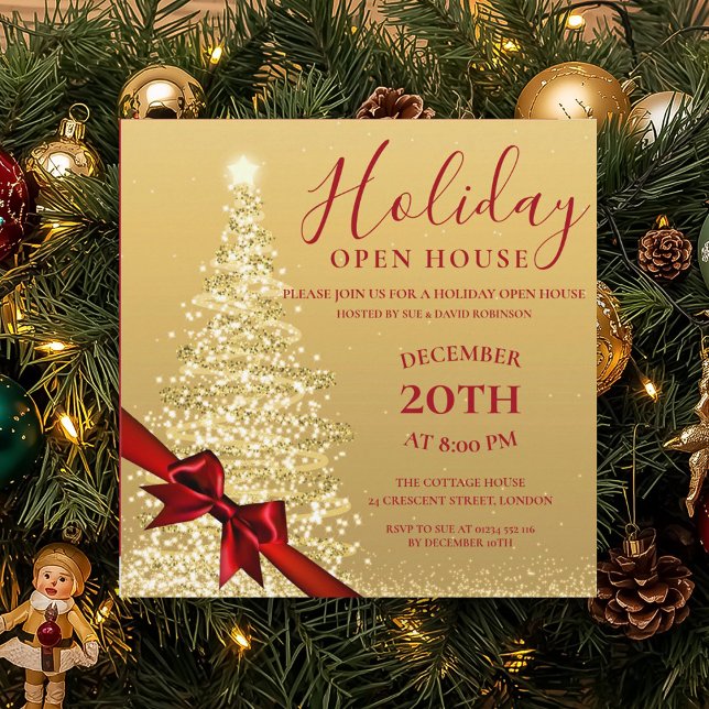 Invitation Gold Xmas Noël Holiday Open House Invit (Gold Xmas Tree Christmas Holiday Open House Invit Invitation)