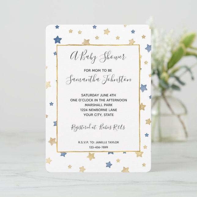 Invitation Gold Yellow Blue Stars Baby Shower (Debout devant)