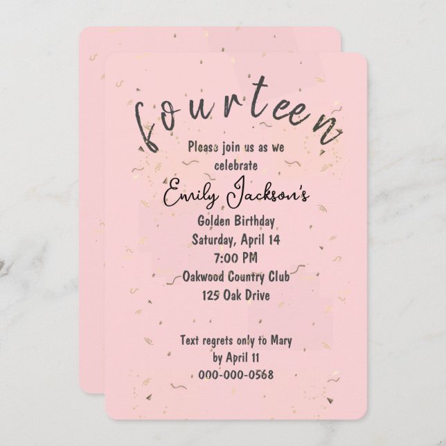 Invitation Golden 14th Birthday Golden Confetti On Blush Pink (Devant / Derrière)