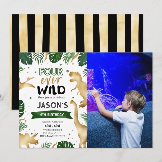 Invitation Golden 4th Dinosaur Anniversaire Photo (Devant / Derrière)