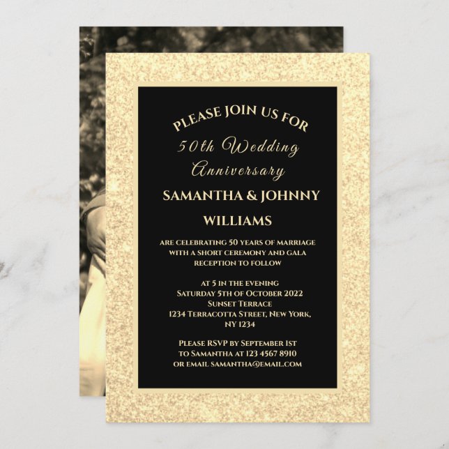 Invitation Golden 50th Mariage Anniversary Photo Gold (Devant / Derrière)