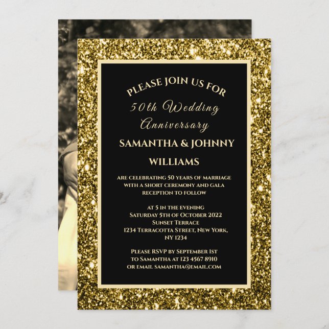 Invitation Golden 50th Mariage Anniversary Photo Gold (Devant / Derrière)
