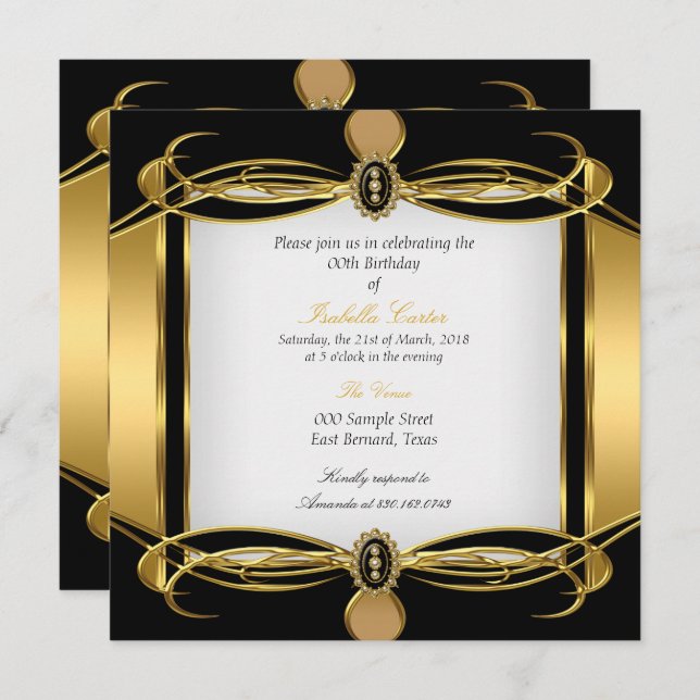 Invitation Golden Art Deco Black White Pearl fête d'anniversa (Devant / Derrière)