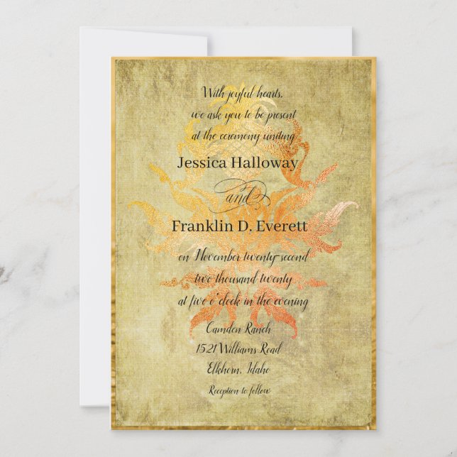 Invitation Golden Autumn Ananas Damask avec lin Vintage (Devant)