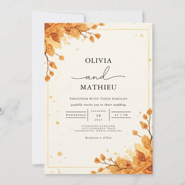 Invitation Golden Autumn Foliage Romance Mariage (Devant)