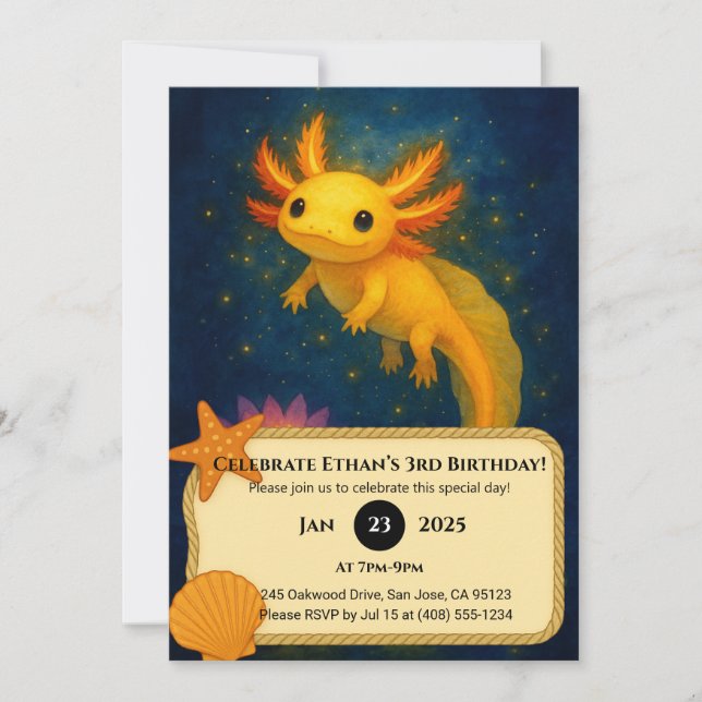 Invitation Golden Axolotl Over Lotus Pond Birthday  (Devant)