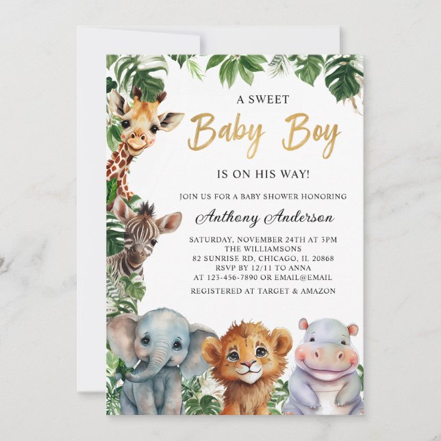 Invitation Golden Baby Boy Safari Animaux Garçon Baby shower (Devant)