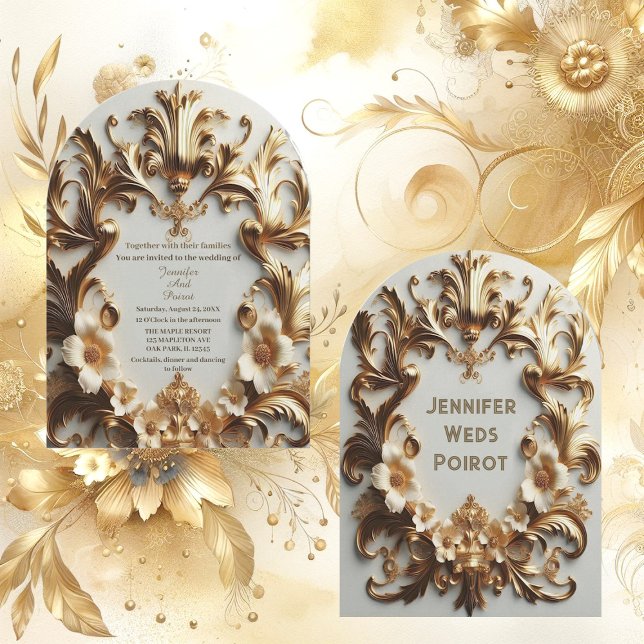 Invitation Golden Baroque Grandeur White Flower Swirl Arté (Golden Baroque Grandeur White Flower Swirl Arched Invitation)
